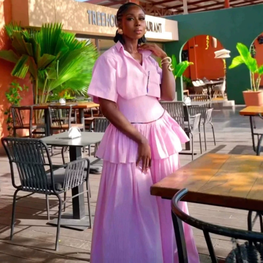 ZARA Chic Pink Striped Waist Top and Paneled Skirt African Two Piece Set